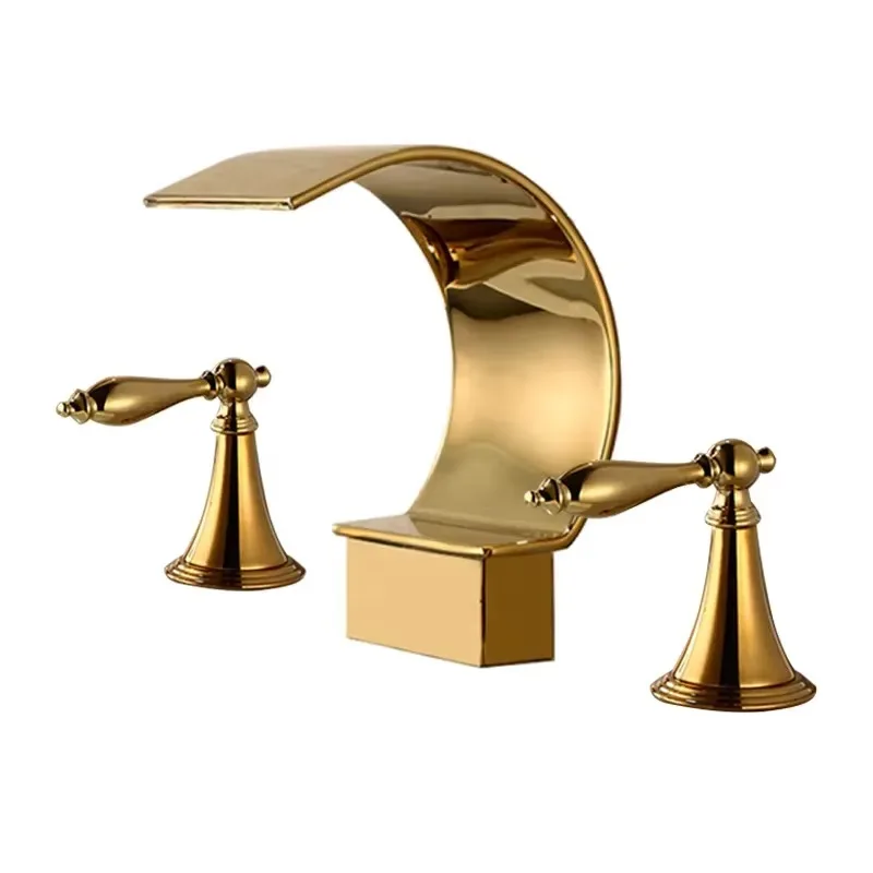 

Modern Art Waterfall Widespread Gold Brass Bathroom Sink Faucet Double Handles Vanity Basin Mixer Tap
