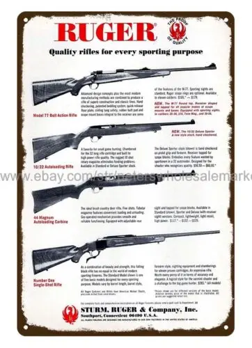

1972 Ruger 44 Carbine Rifle firearm hunting metal tin sign office wall art decor