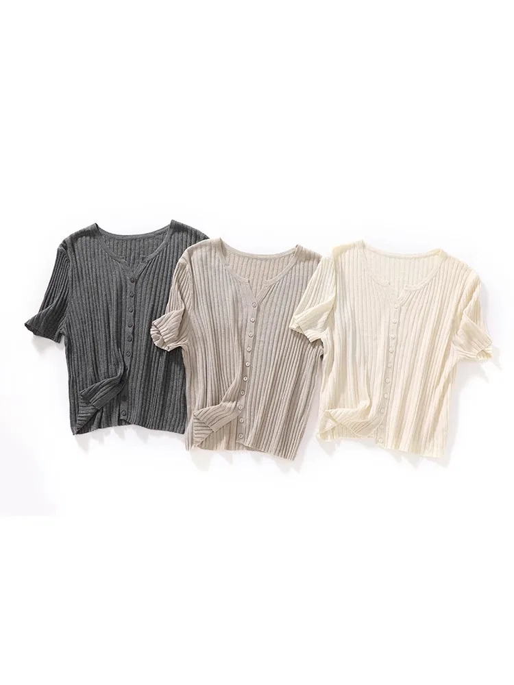 夏アイスヘンプニット半袖オープンカーディガンレディースTシャツトップハイウエストショートスタイルシンプル多用途スリムフィット小さめシャツ