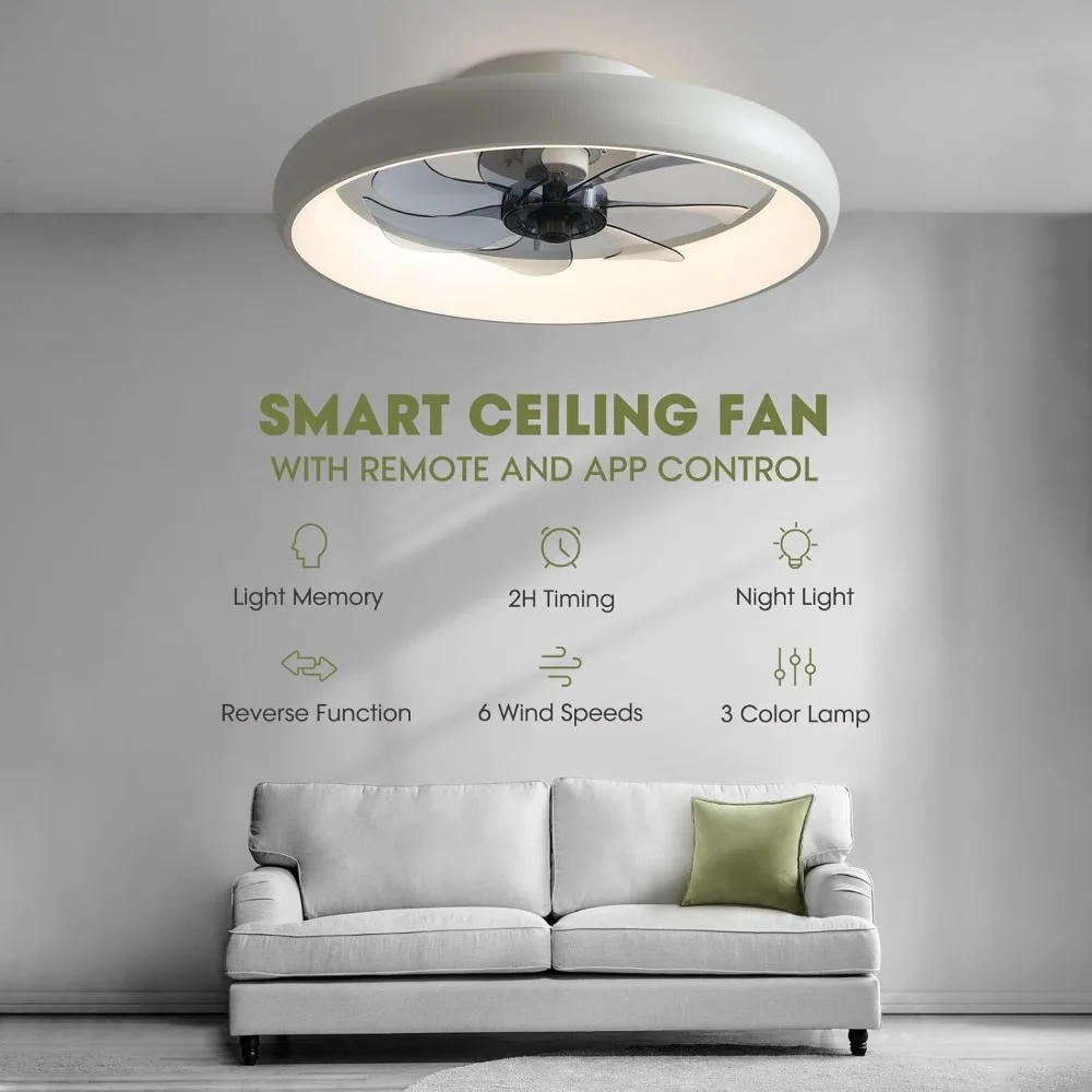 20'' Low Profile Flush Mount Ceiling Fan with Lights, 6 Wind Speeds, Modern Dimmable LED Ceiling Fan, Smart Ceiling Fan