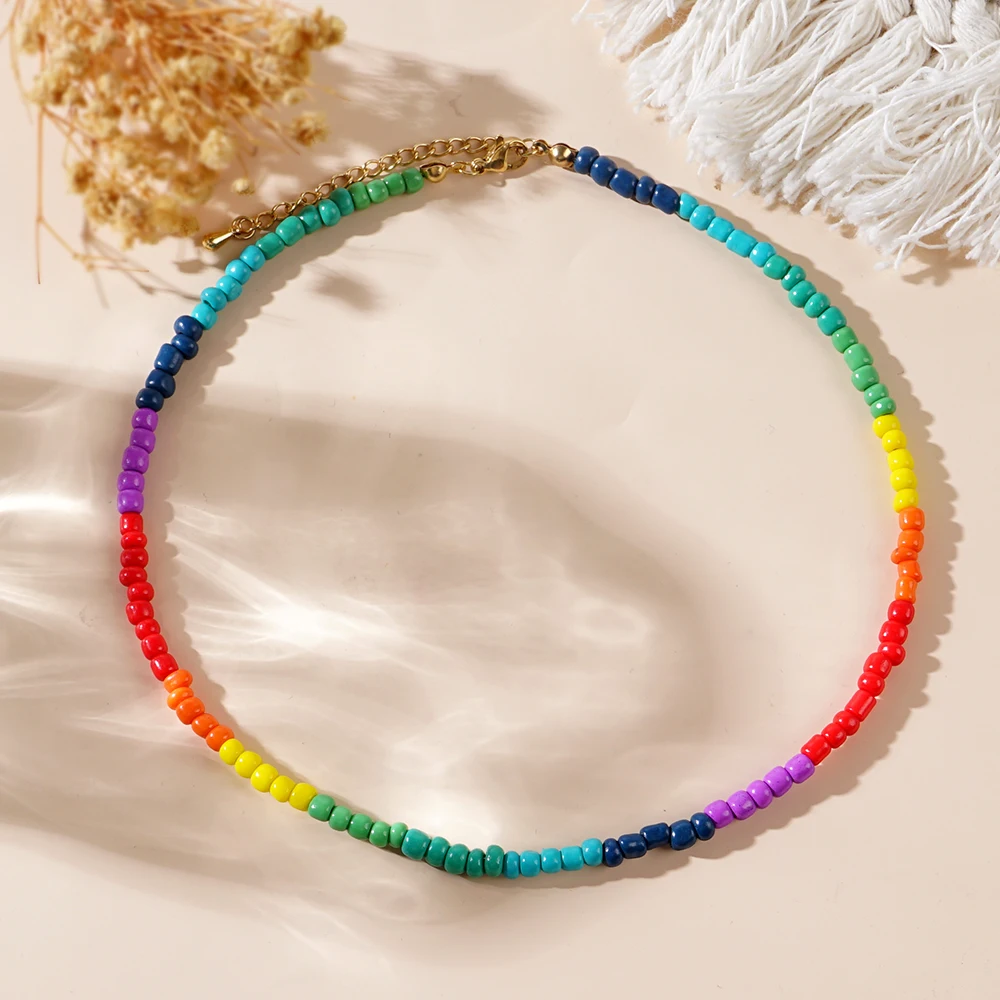 1pc Go2boho Surfer Beach Boho Trendy Ins Design Rainbow Dainty Beaded Necklace for Women Summer New Gifts to Party and Daily