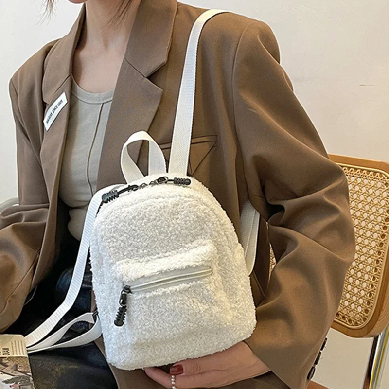 

Casual Plush Women Small Backpack Simple Solid Color Female Autumn Winter Mini Fashion Children School Bags Shoulder Handbags