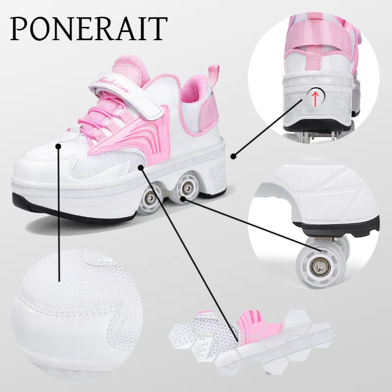 PONERAIT Deformation Roller Shoes Double-Row Four Wheel Walk Skates for Adult Men Women Stylish Children Sport Shoe Special Gift