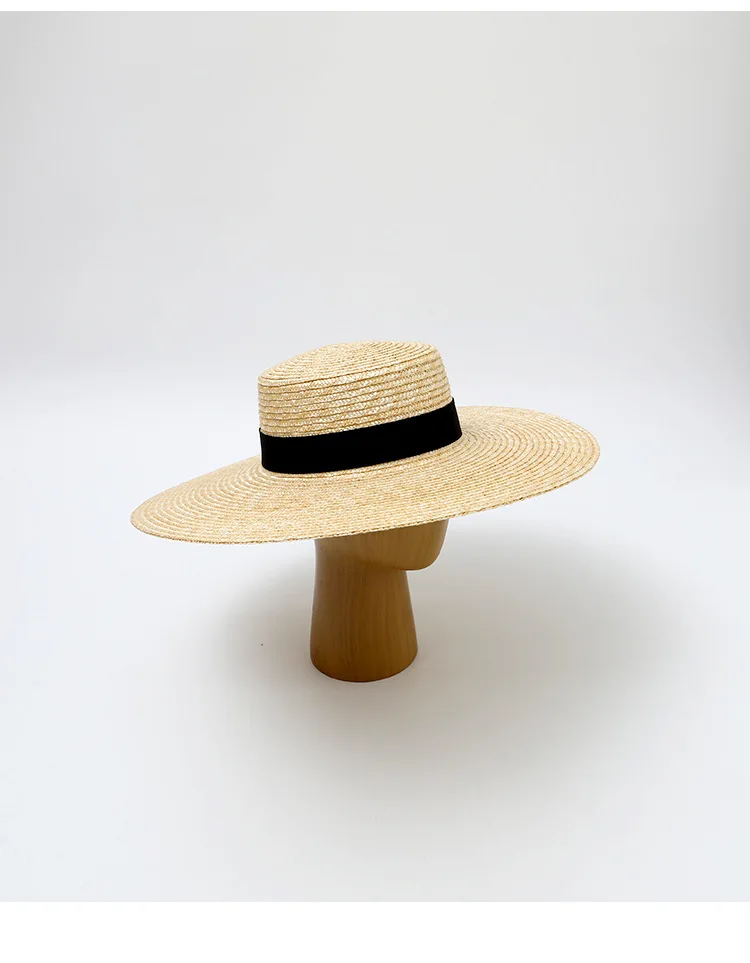 13 cm breiter Krempe, schicke französische elegante Strohhüte für Damen, Hepburn-Stil, Weizenstrohhut, Boater, Damen-Urlaubshut, flacher Strandhut. – Detail 12