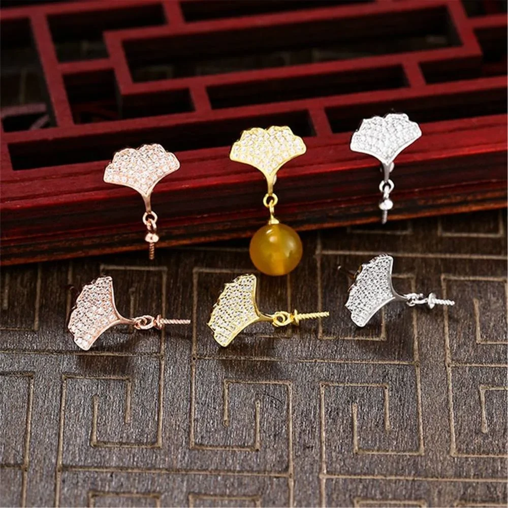 

Sterling Silver Earring Base for 5-10mm Round Beads 925 Silver Zircon Earring Components Ginkgo Leaf Earring Setting