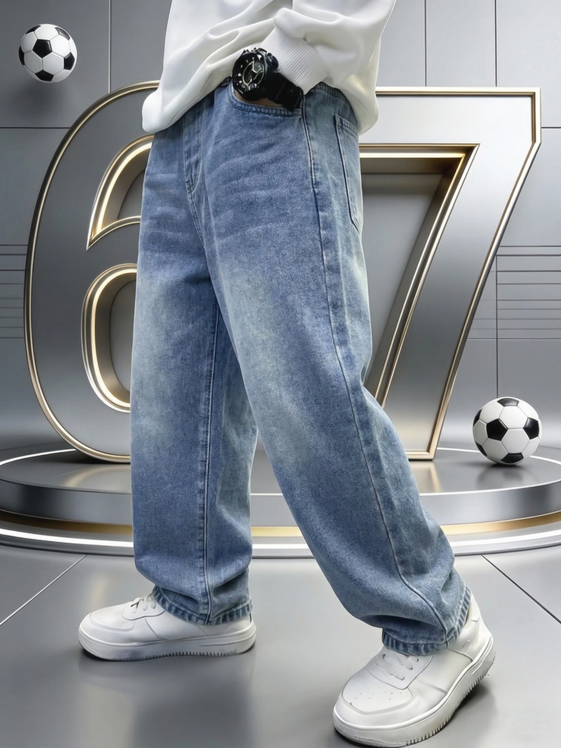 Original-Jeans für Jungen, trendige, gewaschene Denim-Hosen, Jungen-Cartoon-Druck mit der Nummer „67“, locker sitzende lange Hosen für Kinder – Detail 3