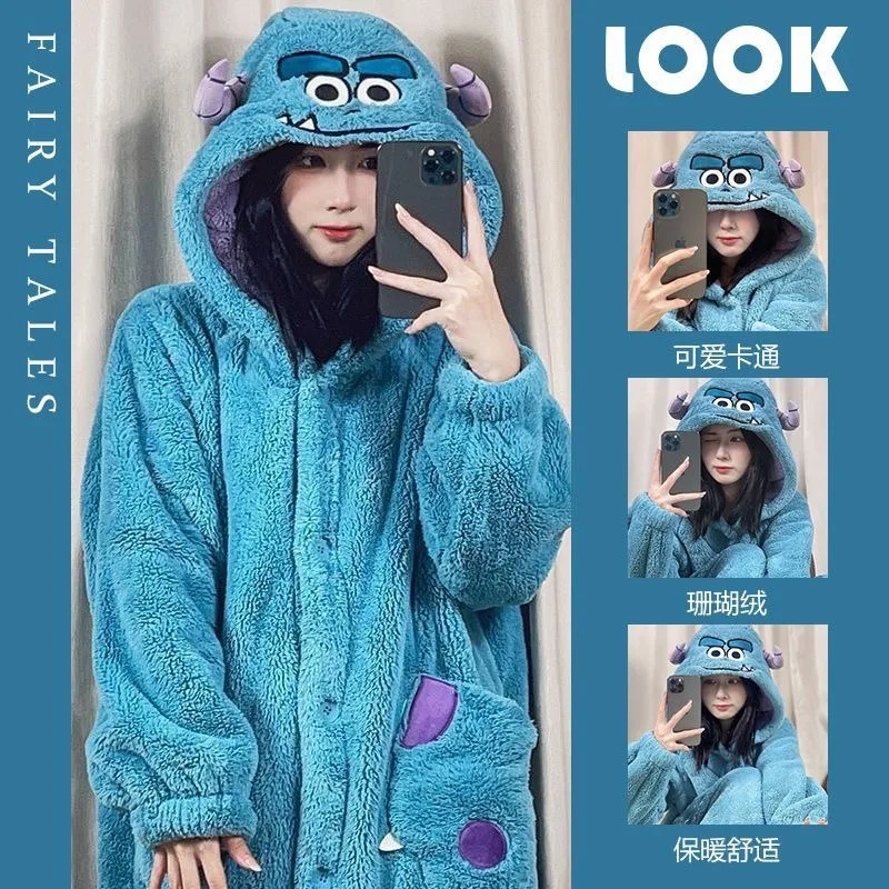 

Sullivan Plush Pajamas Hooded Robe Blue Top Cartoon Hooded Pajamas Coral Fleece Winter Nightwear Fluffy Nightgown for Women