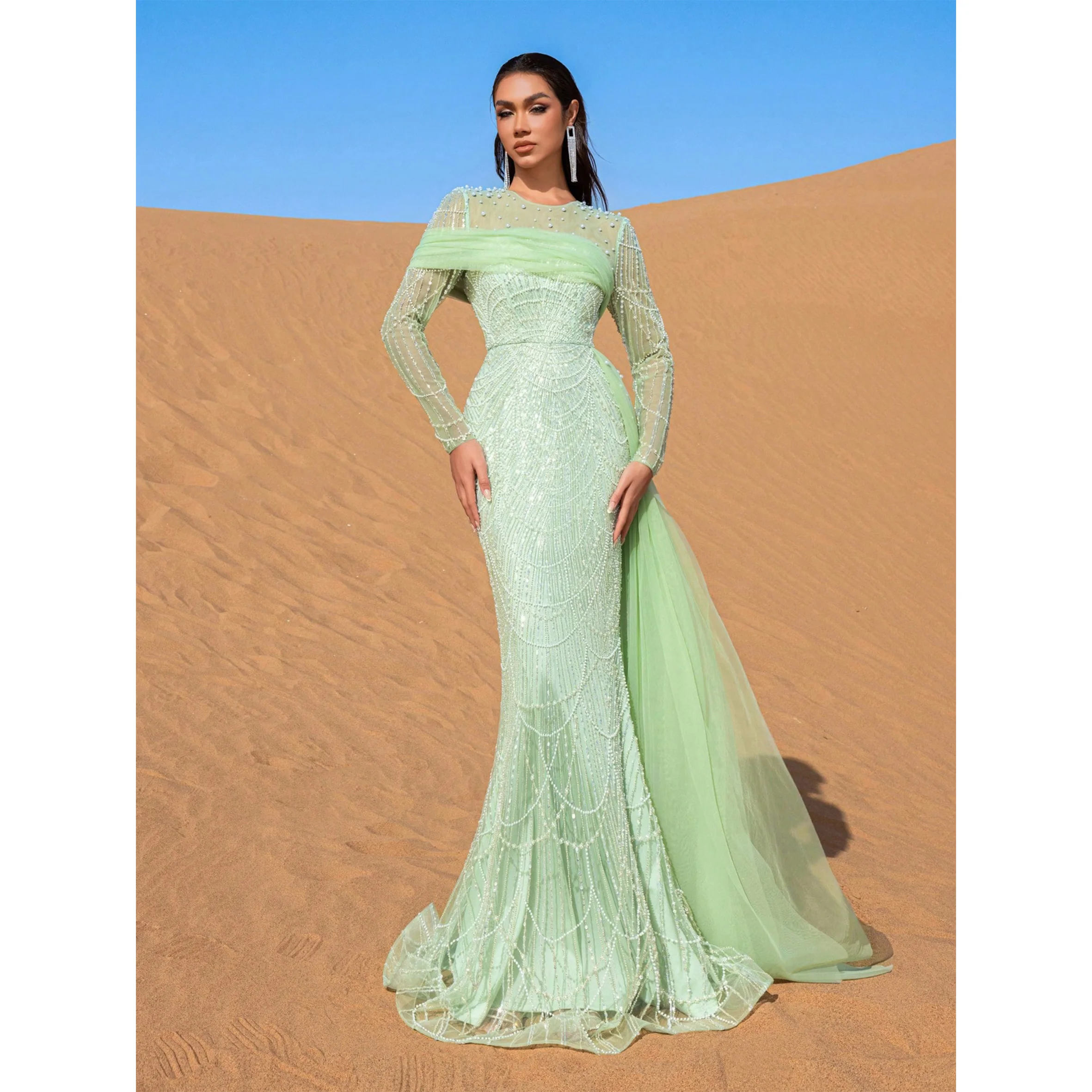 Luxury Tulle Overlay Mermaid Hem Beaded Detail Formal Evening Dress