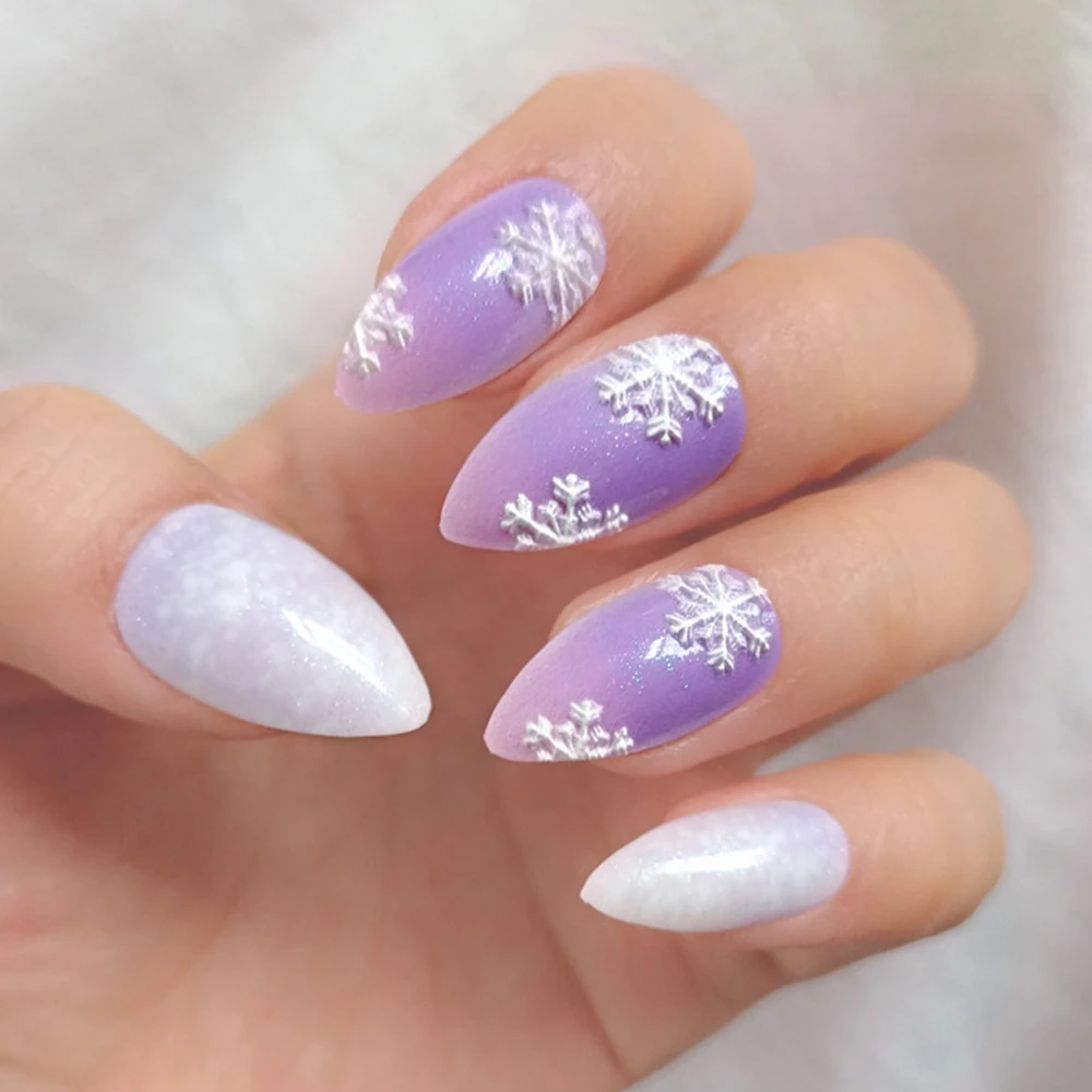 Christmas Snowflake Short Stiletto Fake Nails With Glue Gradient Purple Press On Nail DIY Glitter Manicure Accessory