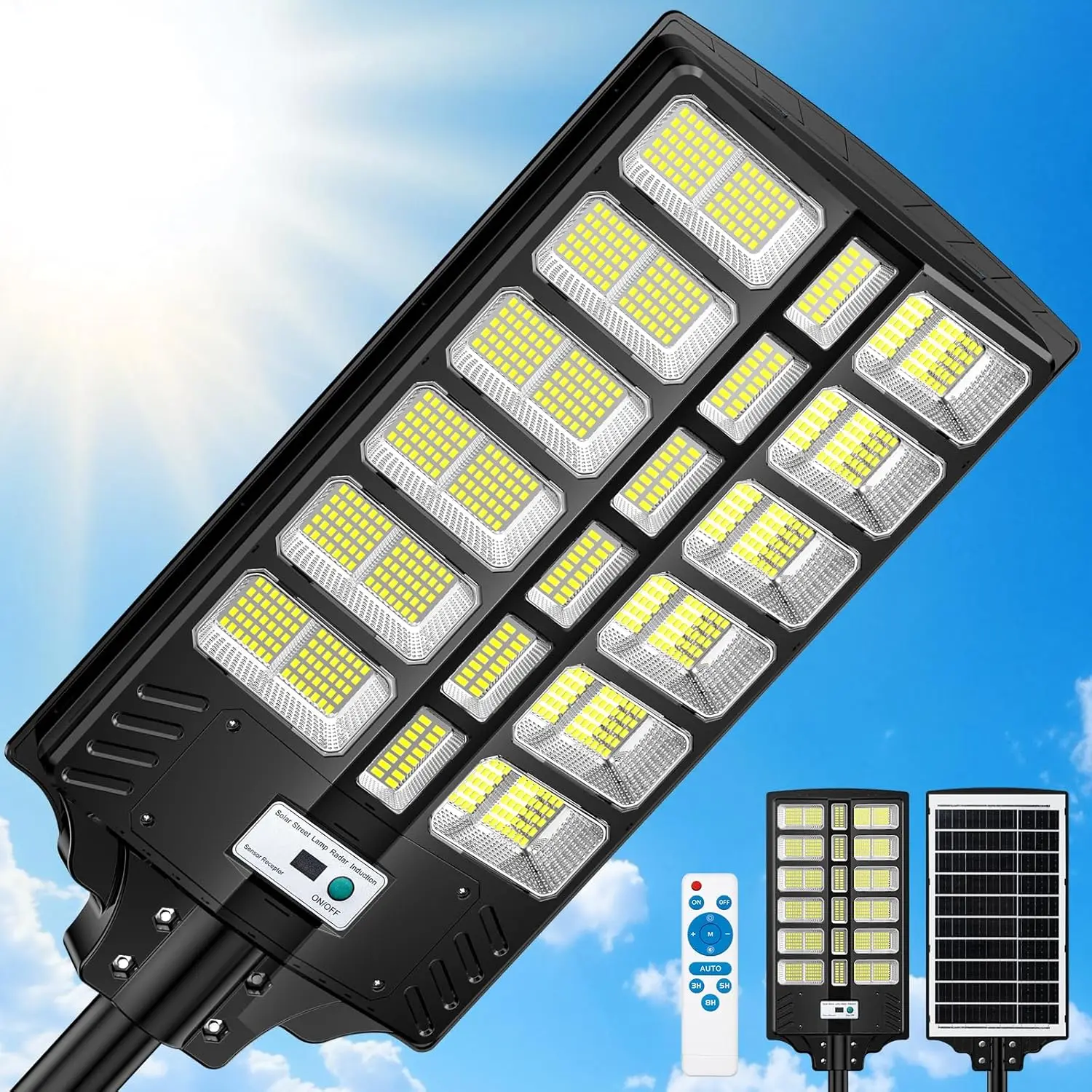 

9000W Solar Street Light Outdoor, Dusk to Dawn LED Patio Lamp, Motion Sensor Flood Light, IP67 Waterproof, Wide Angle, for Yard,