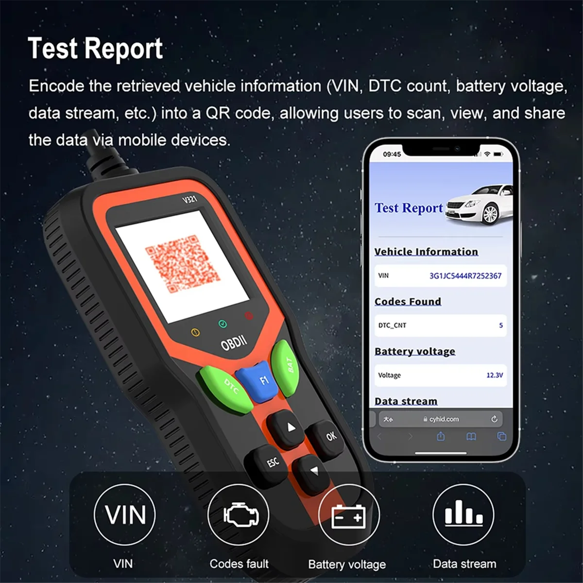 ABNJ OBD2 Scanner Diagnostic Tool Code Reader Fault Code Scanner, Streaming Battery Testing and Code Clearing