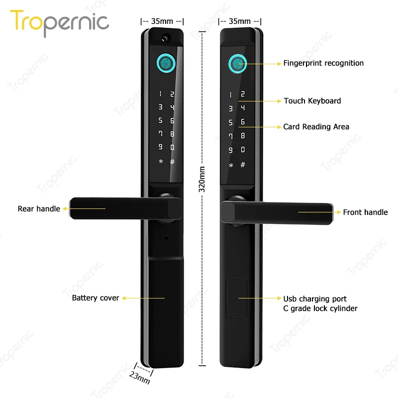 Tropernic Waterproof Biometric Wifi  Mobile App Smart TTlock Fingerprint Sliding Door Lock