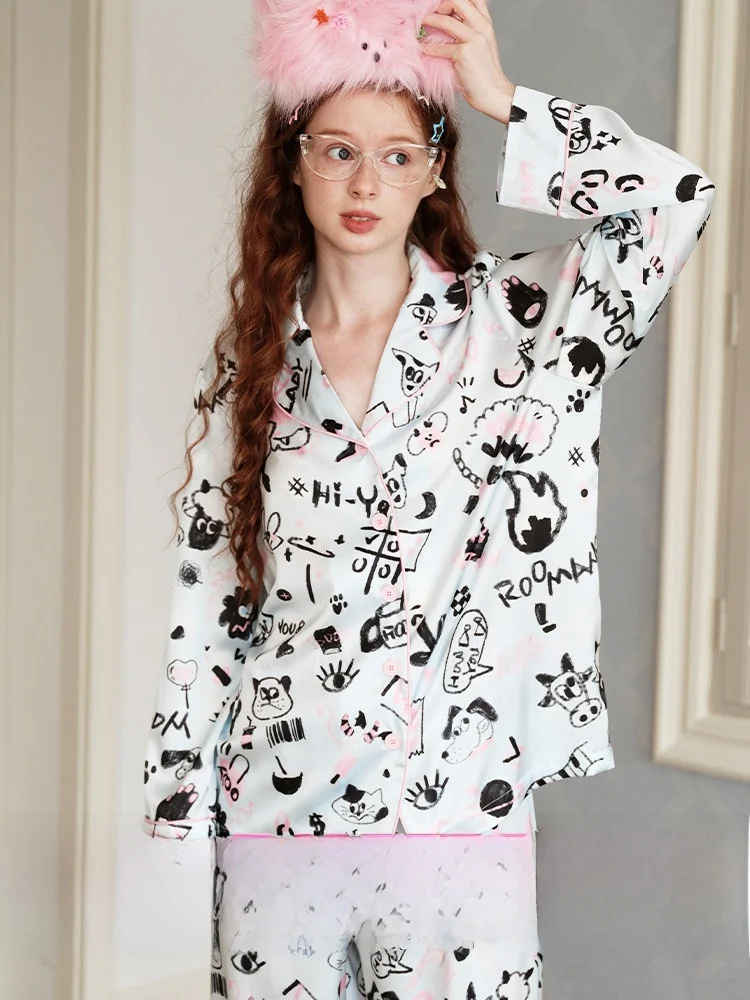 RooMance Sweet  Graffiti Print Ice Silk Sleepwear Women's Summer Outdoor Wearable Home Clothes Set Cartoon Cute Styl...