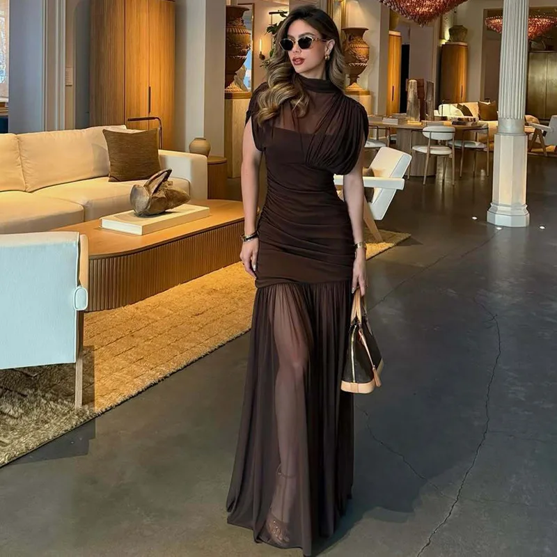 

Pleated Sling Maxi Dress Women Mesh O Neck Sleeveless Waist Cinching Slim Robe Fashion Evening Party Gowns Elegant Vestidos