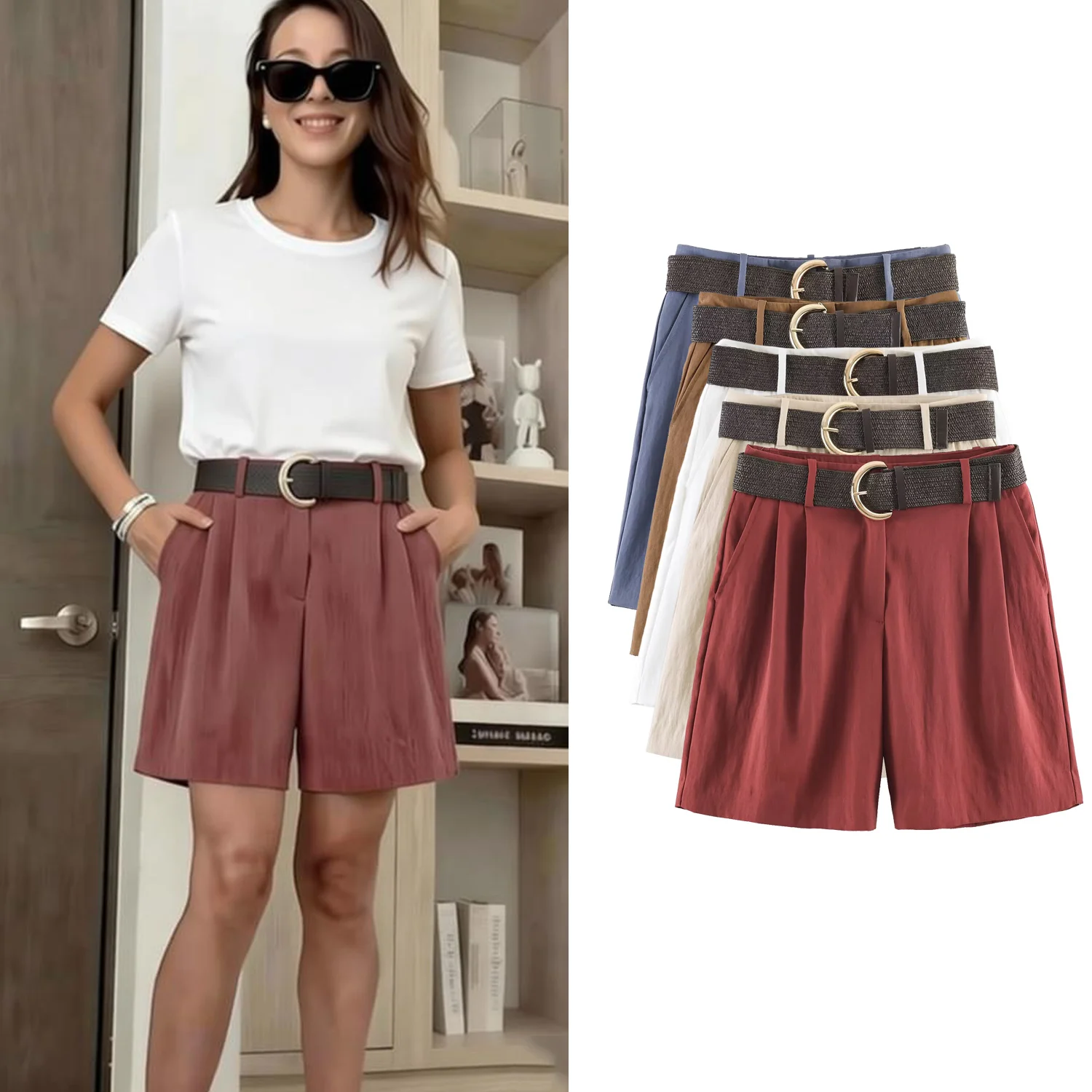 Women's Chic Pleats Straight Leg Casual Loose Shorts with Belt Spring Summer Zipper Pants Street Commuter Fashion for Ladies