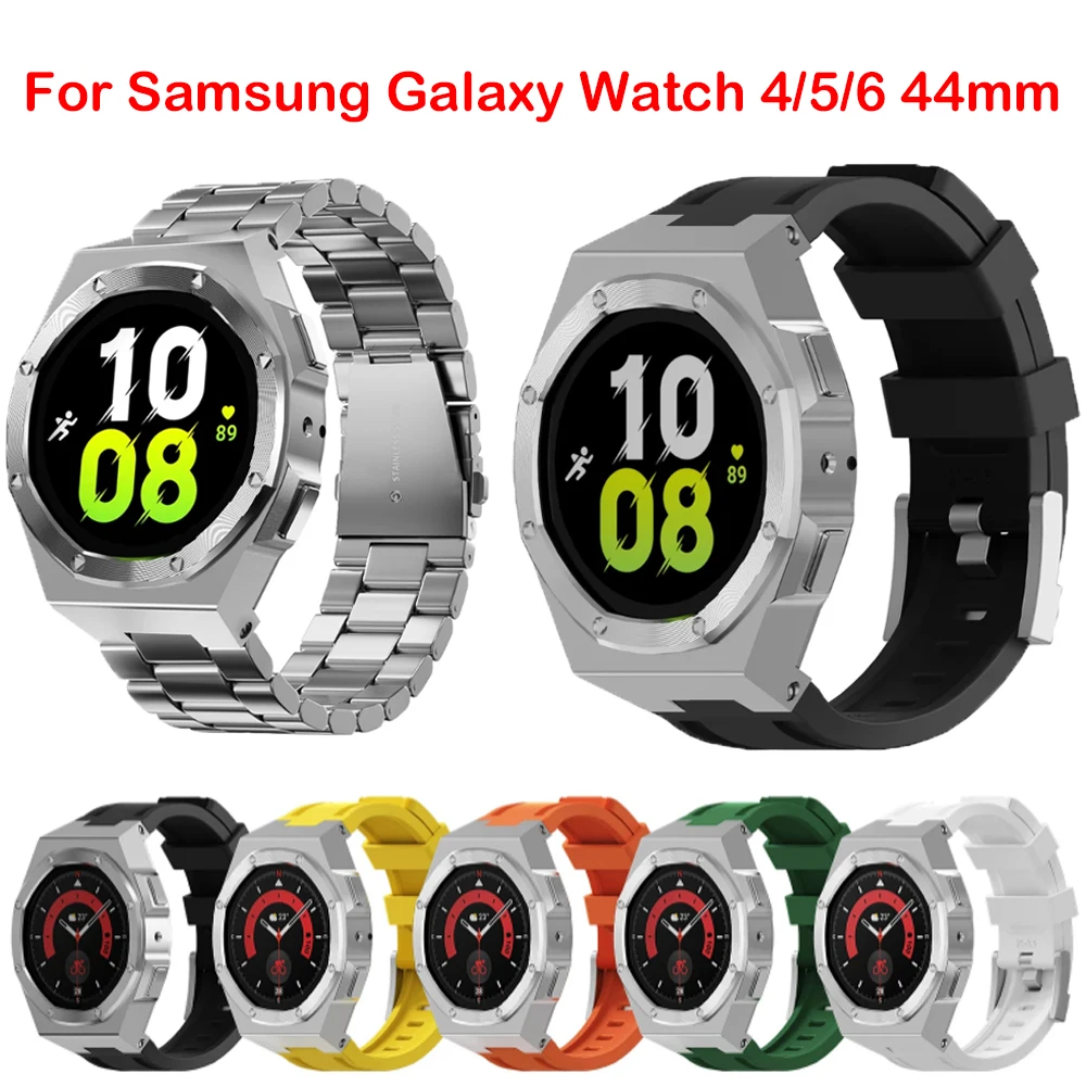 Stainless Steel Modification Kit For Samsung Galaxy Watch 4/5/6 44mm Sport Rubber Strap For Watch 6 44mm Metal Band Accessories