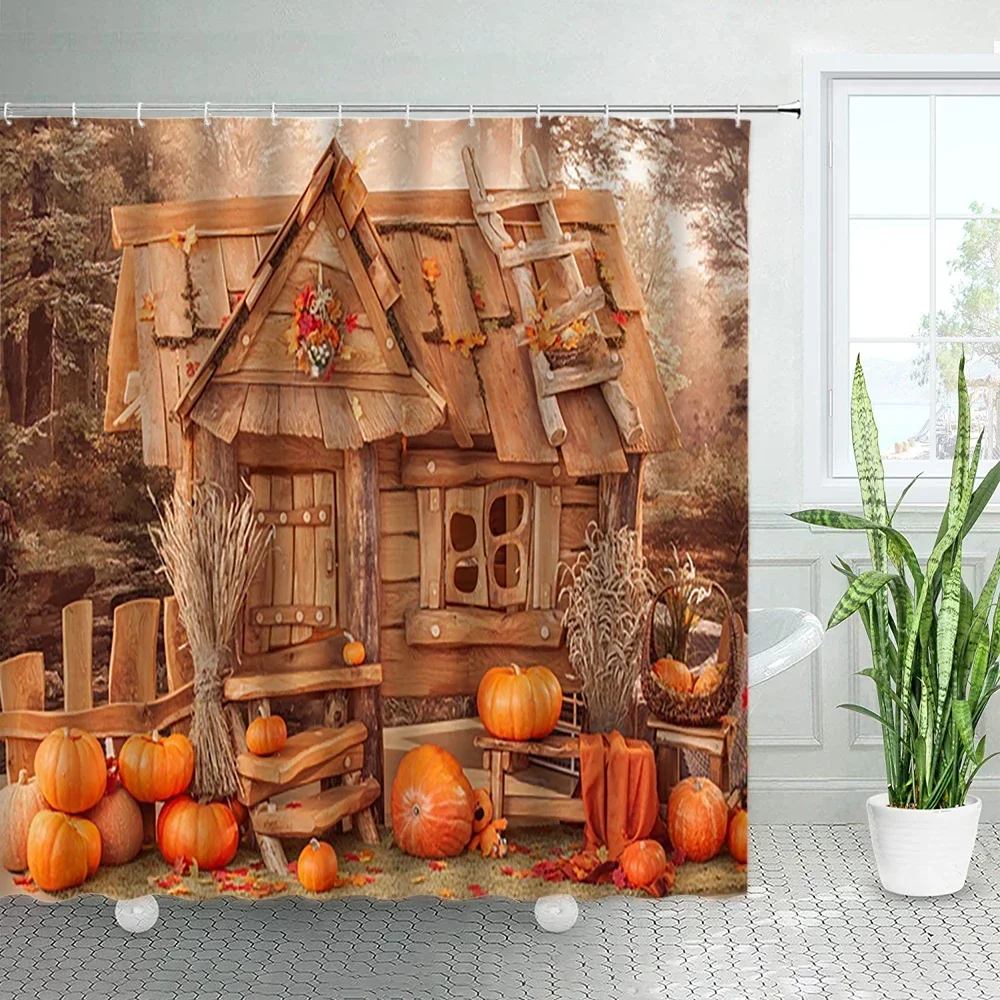 Fall Farmhouse Pumpkin Shower Curtains Farm Wooden House Red Maple Leaves Autumn Harvest Festival Decor Bathroom Fabric Curtain