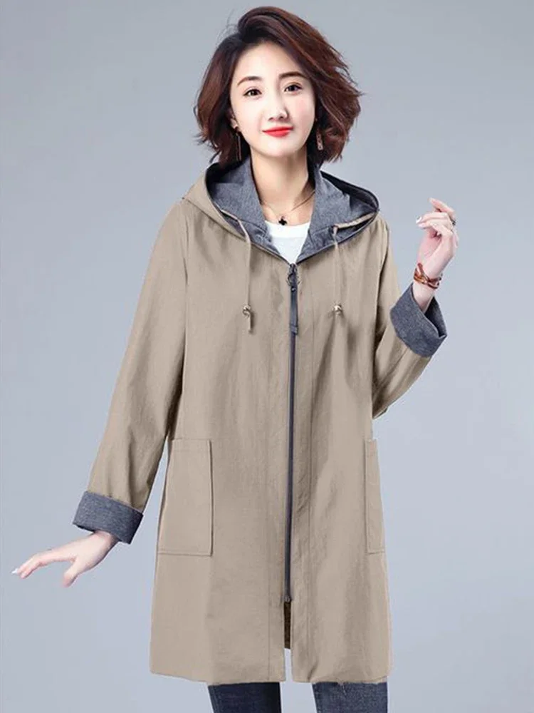 Hooded Loose Korea Gabardina Mid Length Big Size 7xl Trench Coats Casual Windbreaker Cargo Jackets New Women Fashion Abrigos