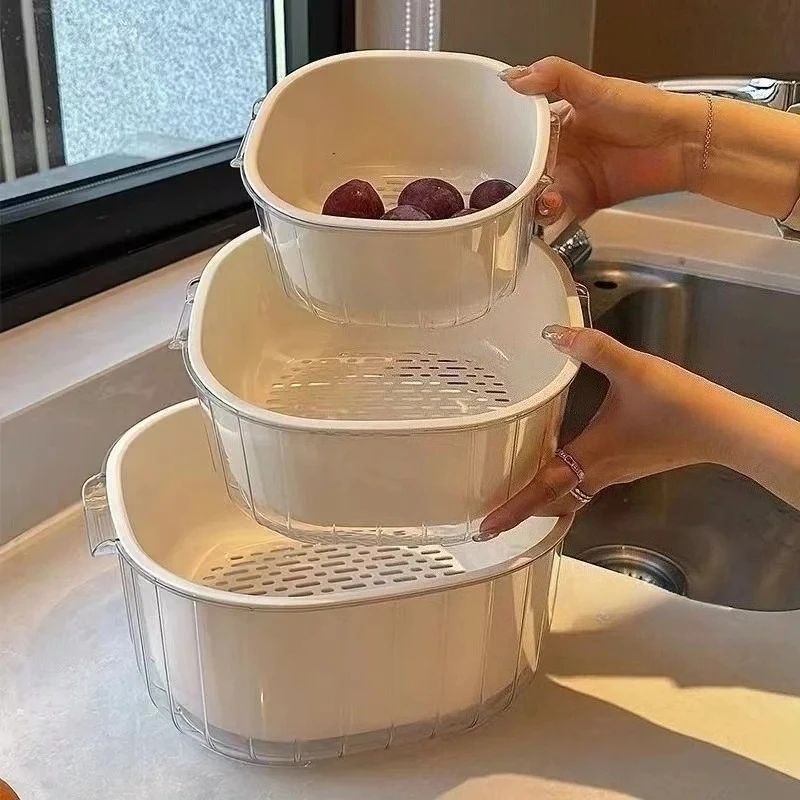 Double Drain Basket Kitchen Multi‑functional Modern Simple Vegetable Washing Basin Fruit Colander Storage Household Organizer