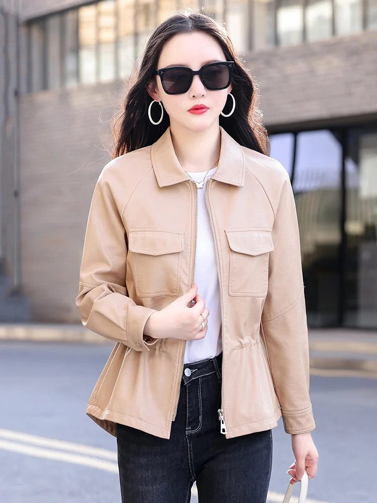 Women Leather Jacket Spring Autumn Casual Fashion Turn-down Collar Drawstring Waist Sheep Leather Coat Slim Moto & Biker Jacket