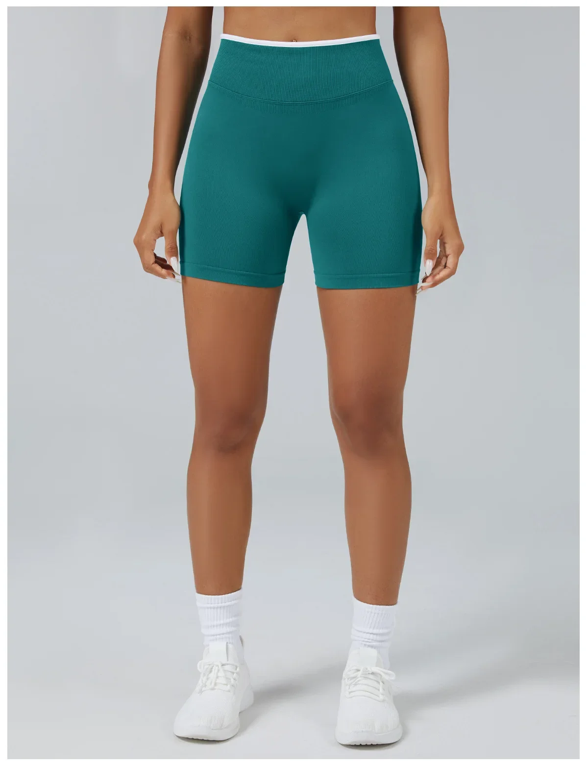 Farbblock-Sport-Yoga-Shorts Nahtlose Hochgeschnittene Sporttights Lauf- und Fitnesshosen Atmungsaktive Schnelltrocknende Sportbekleidung – Detail 2