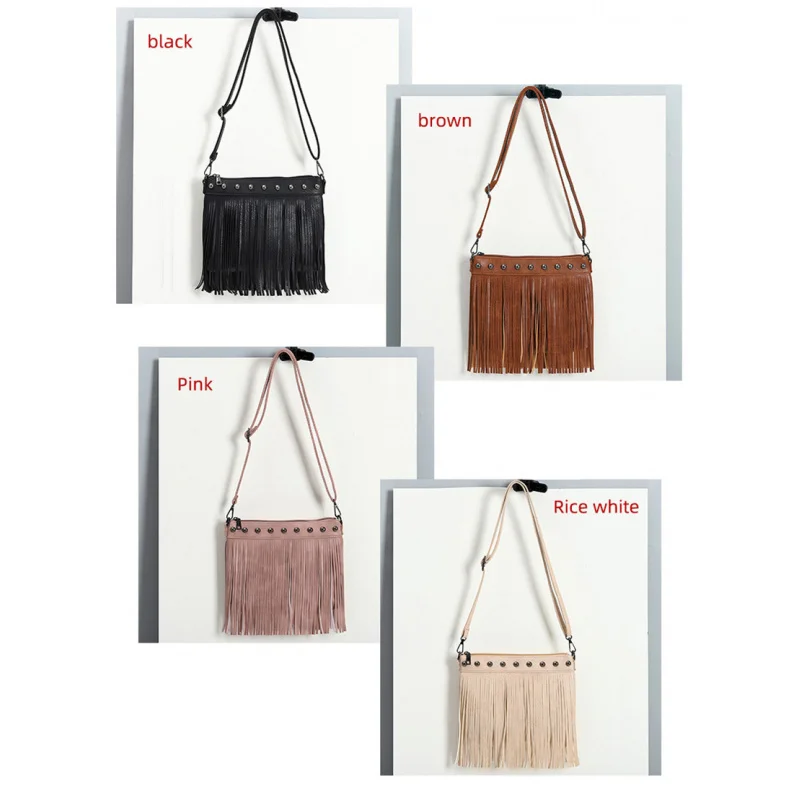 

European and American FashionbagFashion Soft Leather Studded Tassel Bag Single Shoulder Crossbody Bag Large Women's Bag