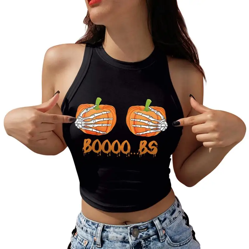 Nadanbao Damen-Crop-Top mit Geister-Kürbis-Print, kurze Weste mit Rosen-Totenkopf-Muster, sexy, schmales, ärmelloses Hemd, Halloween-Party-Top – Detail 17