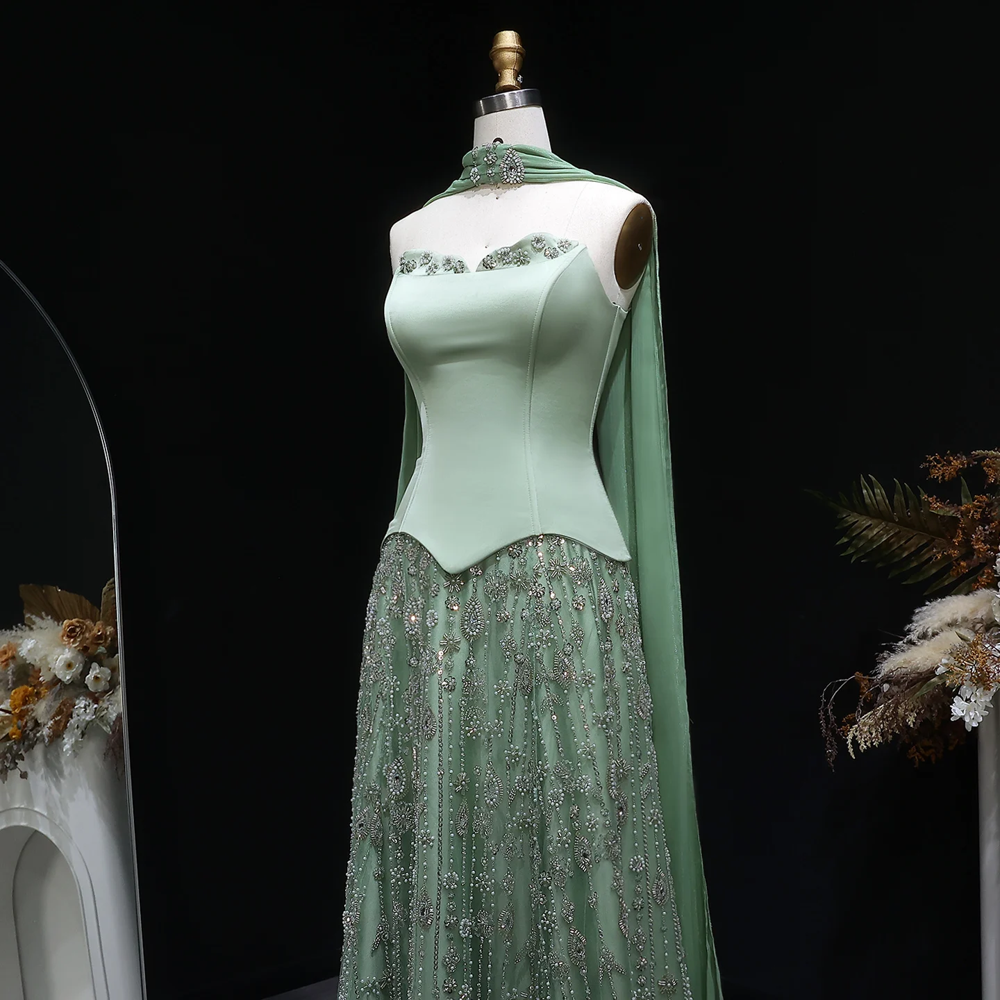Sharon Said Arabisches Champagner-Perlen-Perlenbesetztes A-Linien-Abendkleid Schulterfrei mit Schal Damen Hochzeitsfeierkleid SS627 Maßanfertigung – Detail 7