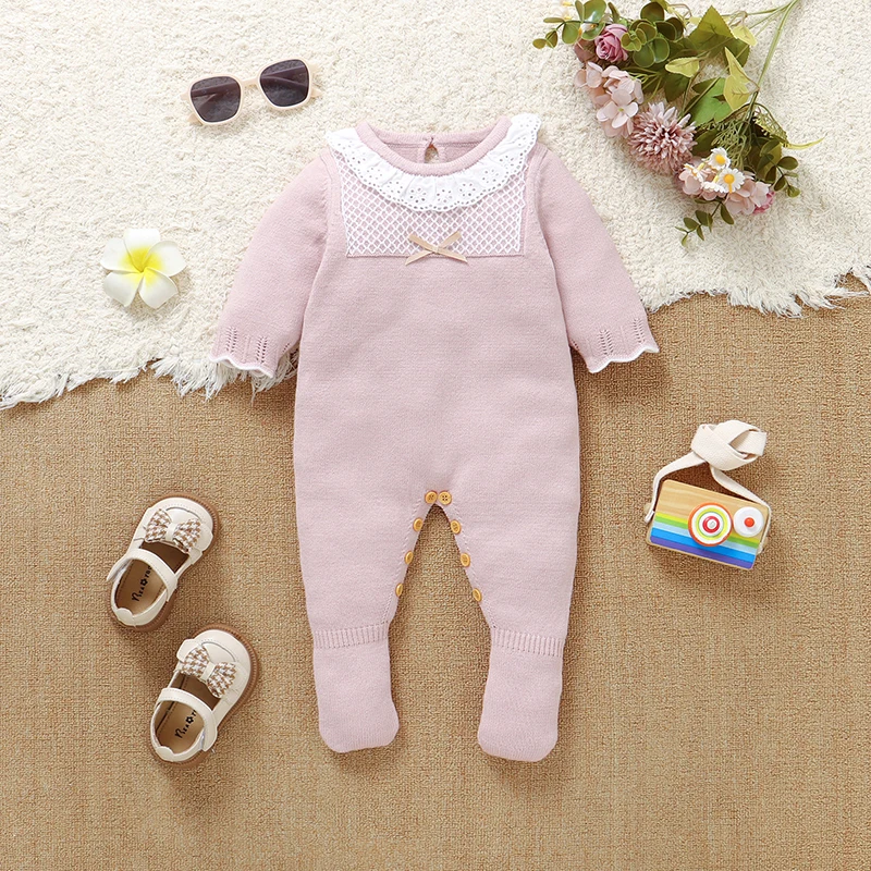 

0-18m Baby Girl Rompers Clothes Pink Long Sleeve Knitted Newborn Infant Outwear Jumpsuits Autumn Winter Toddler Playsuit Outfits