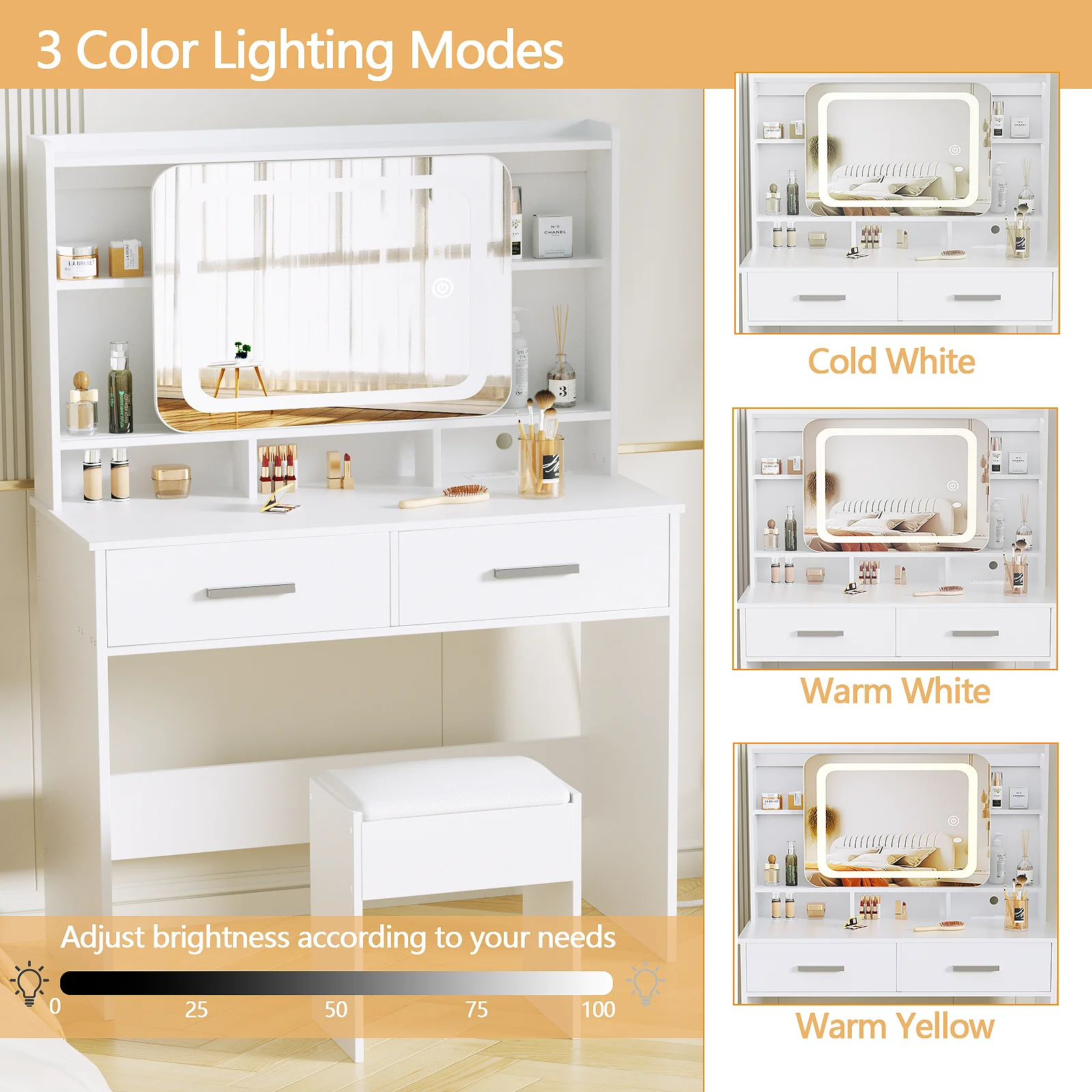 TAYAO White Vanity Desk with LED Lights Mirror Power Outlet and Chair 3 Lighting Modes 2 Drawers, 2 Shelves and Cushioned Stool image 3