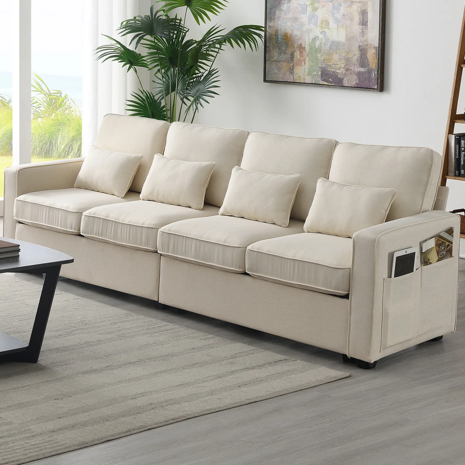 

[VIDEO provided] [New] 104" 4-Seater Modern Linen Fabric Sofa with Armrest Pockets and 4 Pillows,Minimalist Style Couch for Livi