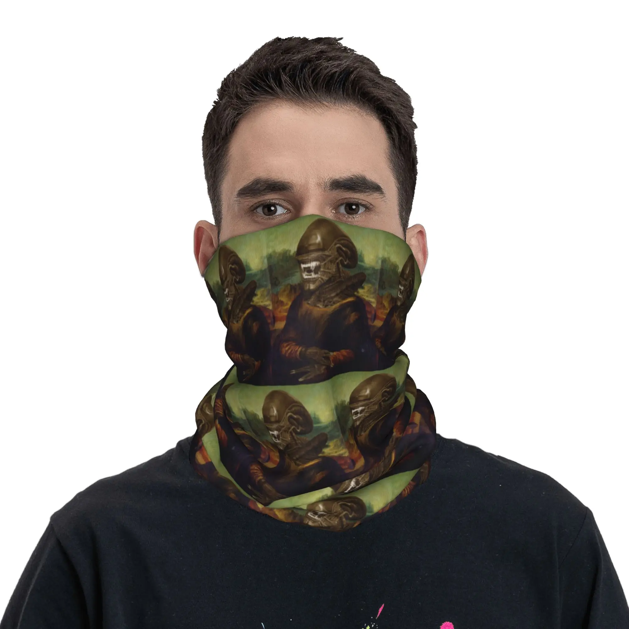 Mona Lisa Alien Xenomorph Bandana Neck Gaiter Printed Wrap Scarf Warm Balaclava Riding For Men Women Adult