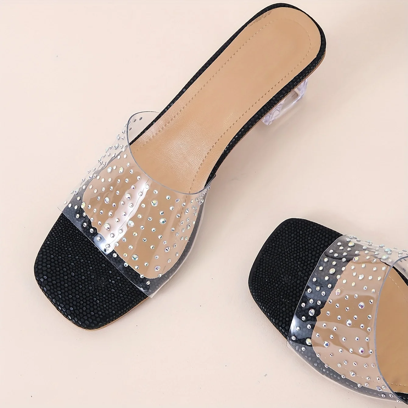 Women\'s Rhinestone Decor Slip On Sandals with Chunky Heel Versatile Summer Shoes