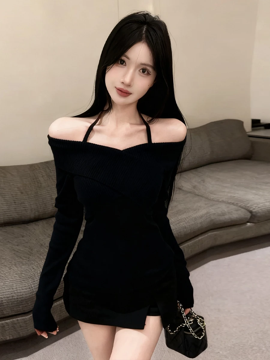Sexy Shoulder Bared Knitted Sweater Neck Hanging Design Base Top Soft Fit Waist Control Fashionable for Women Daily Wear