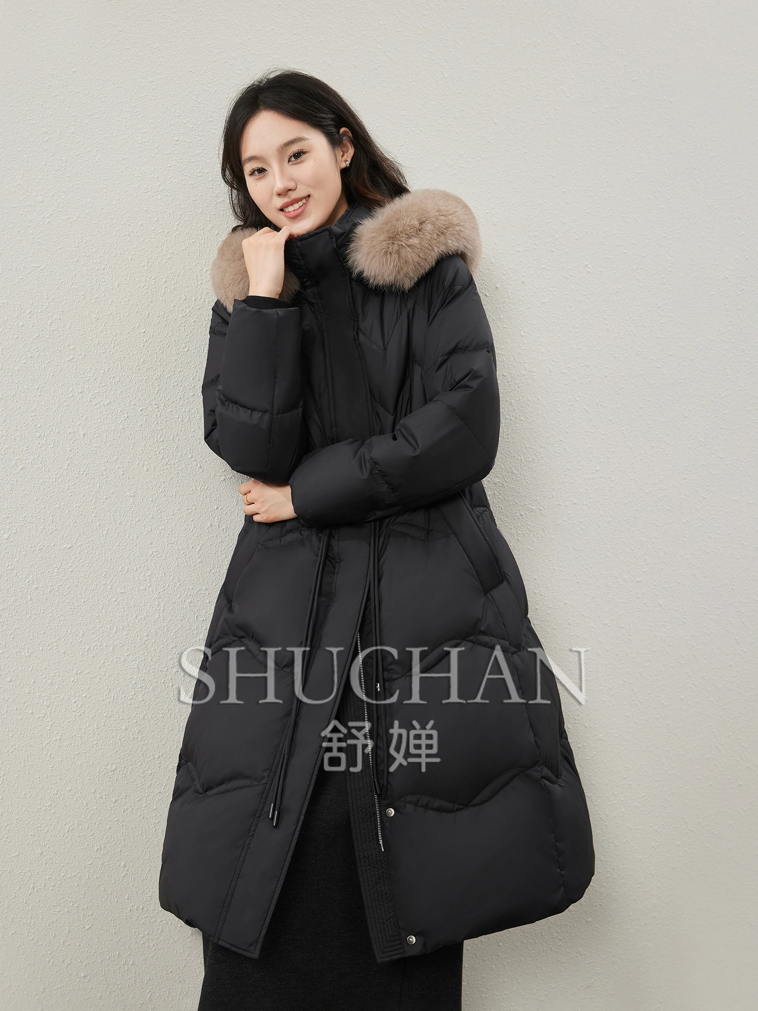 Winter Fox Fur Collar 90% White Goose Down Waist Drawstring Hooded Down Jacket Abrigos De Mujer  Casaco Feminino Coats