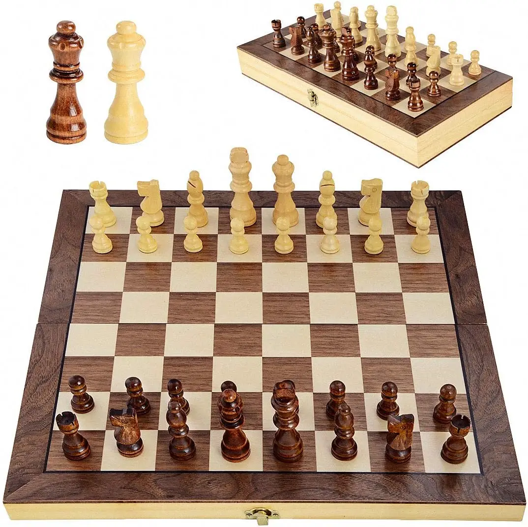 

Magnetic Wooden Chess Set 11.5' Travel Size with 2 Extra Queens, Folding Board & Storage - Handmade Portable Game for Adults & B