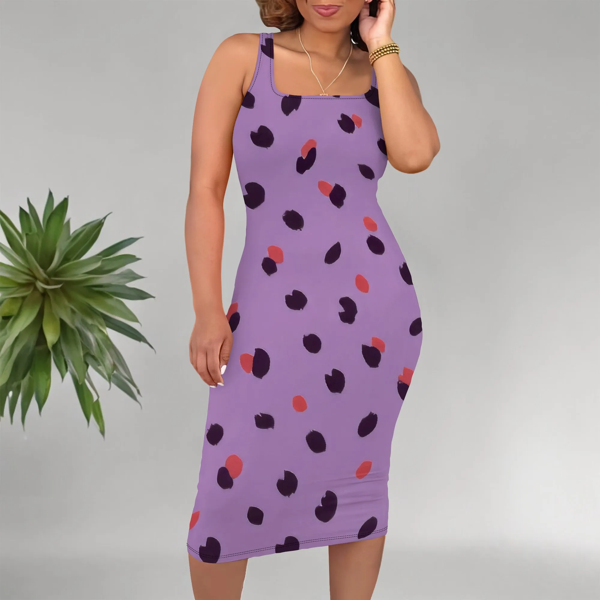 ผู้หญิงฤดูร้อนสบายๆเซ็กซี่ชุดเข้ารูป U คอ Polka Dot พิมพ์ชุดแขนกุด Midi แฟชั่น Party Dress