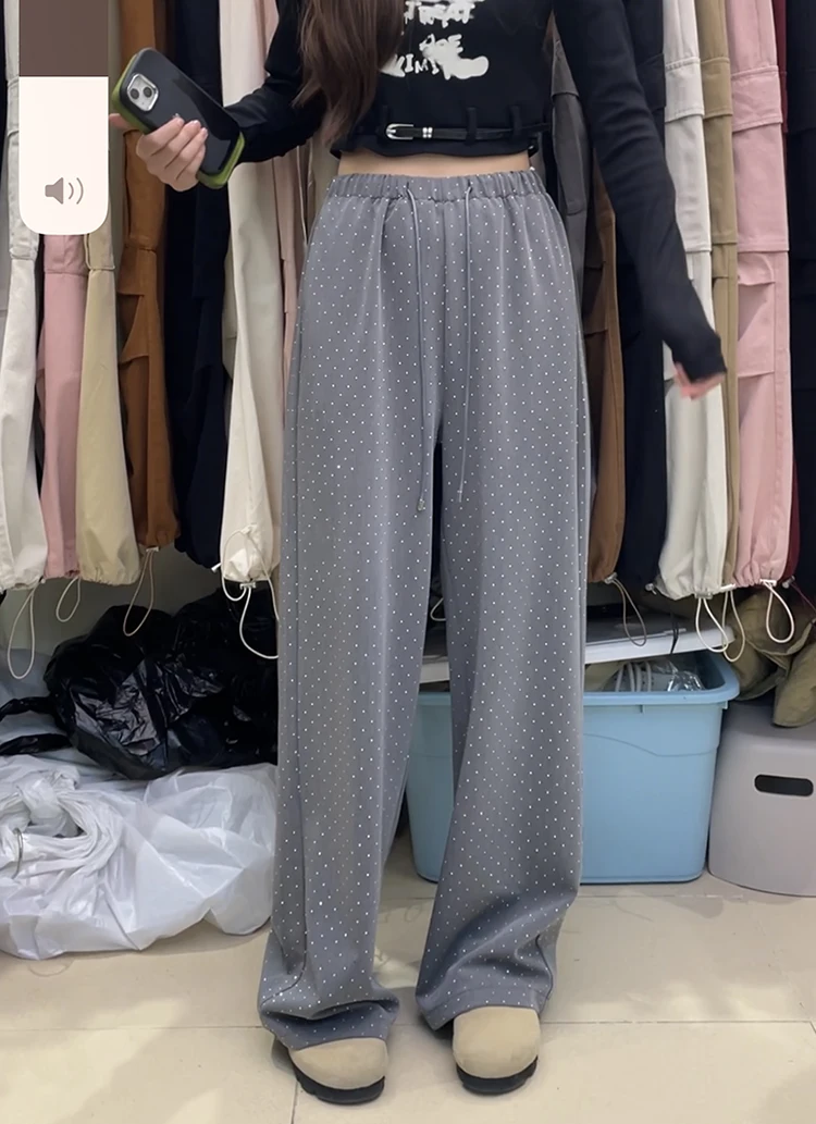 Rhinestone Slimming Casual Wide-Leg Pants for Women Spring and Summer New Loose Drooping Casual Mopping Pants Suit Pants