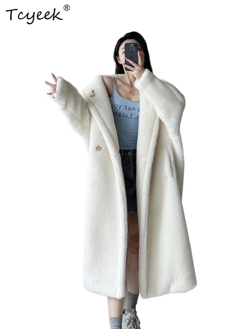 Tcyeek Cashmere Alpaca Wool Teddy Bear Women Coat Mid-Length Cocoon Wide Oversized Silhouette Jacket Thickened Winter Fur Clothe