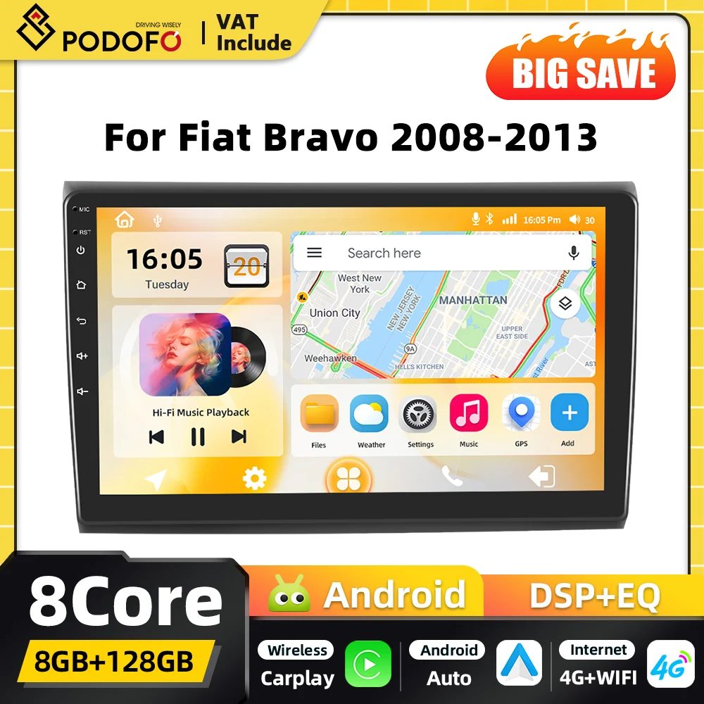 Podofo Qualcomm Snapdragon Carplay 2DIN Lettore Multimediale Android per Auto per Fiat Bravo 2008 2009-2013 Navigazione GPS WIFI FM RDS