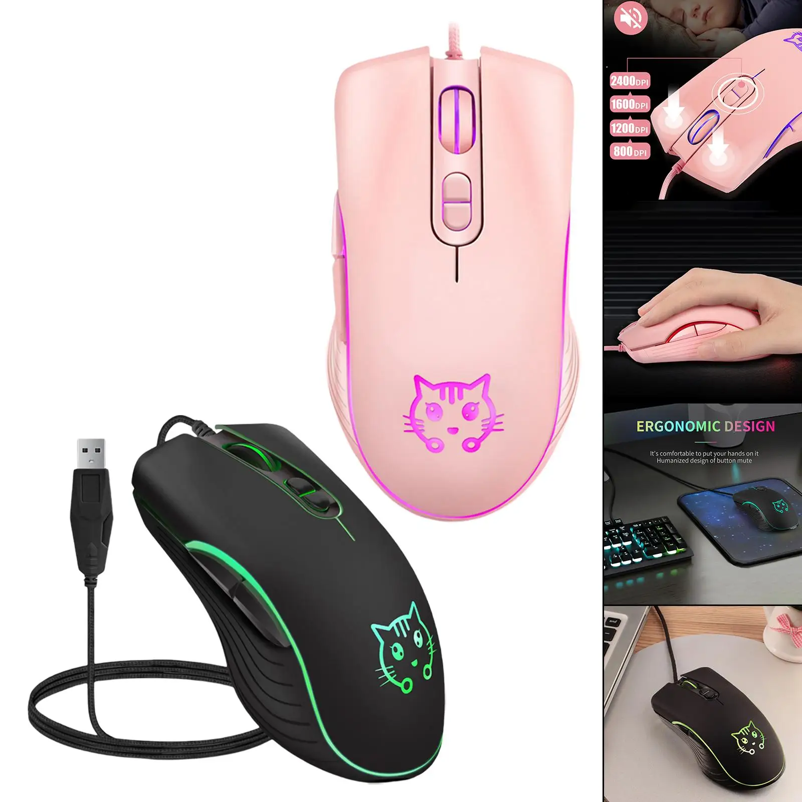 Cute Wired USB Gaming Mouse Breathing Lights 6 Button RGB Anti-Slip Ergonomic