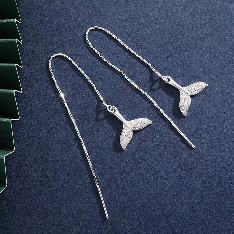 

S990 Pure Silver Fish Tail Earrings, CZ Inlaid, Simple Temperament, Fashionable Design, Jewelry Gift, Wholesale
