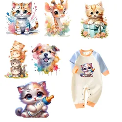 Cute little kitten DTF Iron On Patches DIY baby T-shirt hoodie decorated with colorful cat and giraffe heat transfer stickers