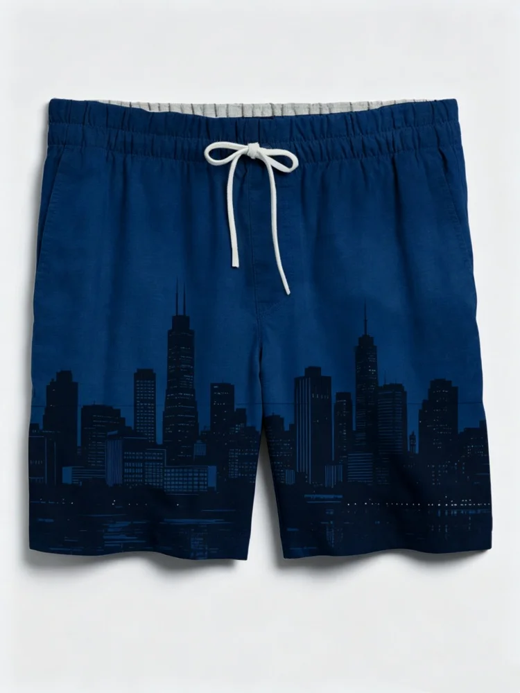 

Men Navy Blue Chicago City Skyline Print Elastic Drawstring Casual Beach Shorts