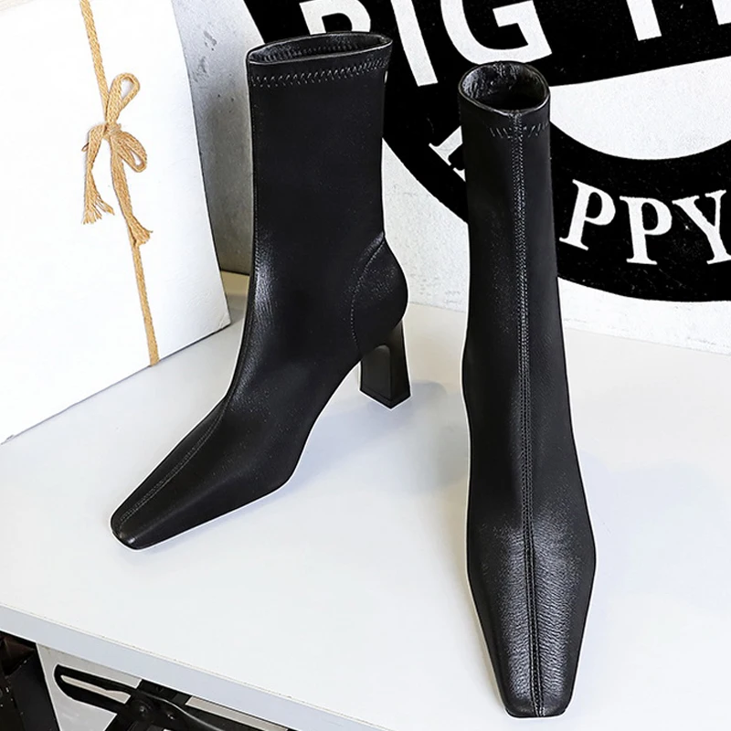 BIGTREE Shoes Autumn Winter Short Boots Square Head Leather Boots Women Shoes Thick Heel Skinny Boots Fashion High-heeled Boots
