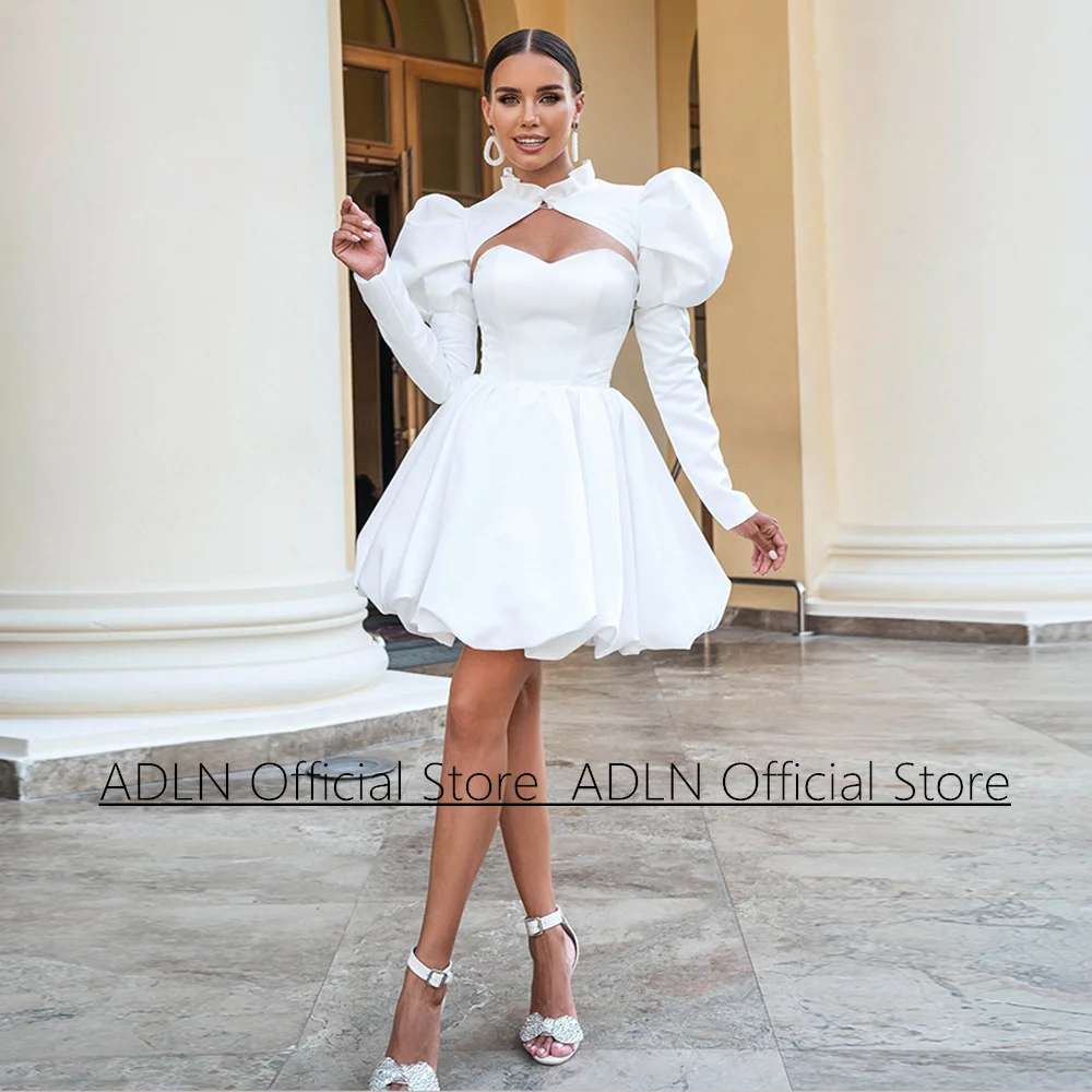 

New Weddingg Dress with Long Sleeves Jacket Sweetheart A Line Little White Gown Custom Size Satin Short Bridal Dresses