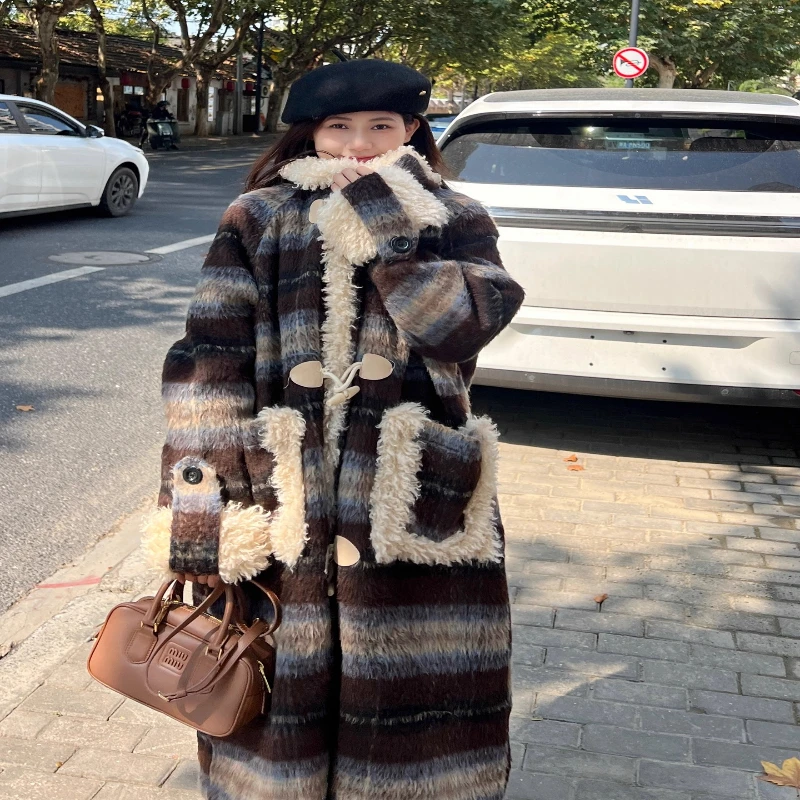 

Vintage Plaid Wool Coat Women Winter Thick Long Toggle Button Faux Lamb Fur Jacket