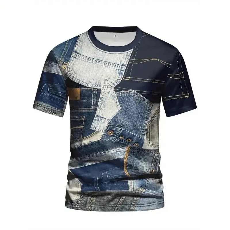 

Summer Denim 3D Print T Shirt Men Clothing Fashion Casual Oversized T-shirt Harajuku Street Round Neck Short Sleeve Tops