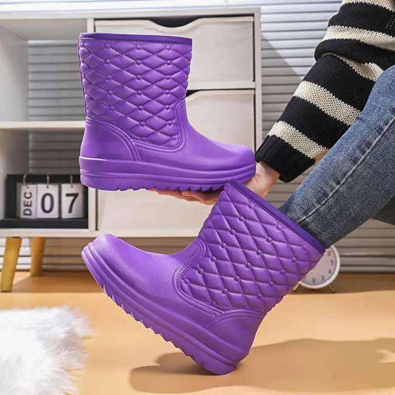 

2025 Women's weaterpoof shoes with fur plaid fashion mid-tube woman rain boots wear-resistant anti-slip warm plush fur boots
