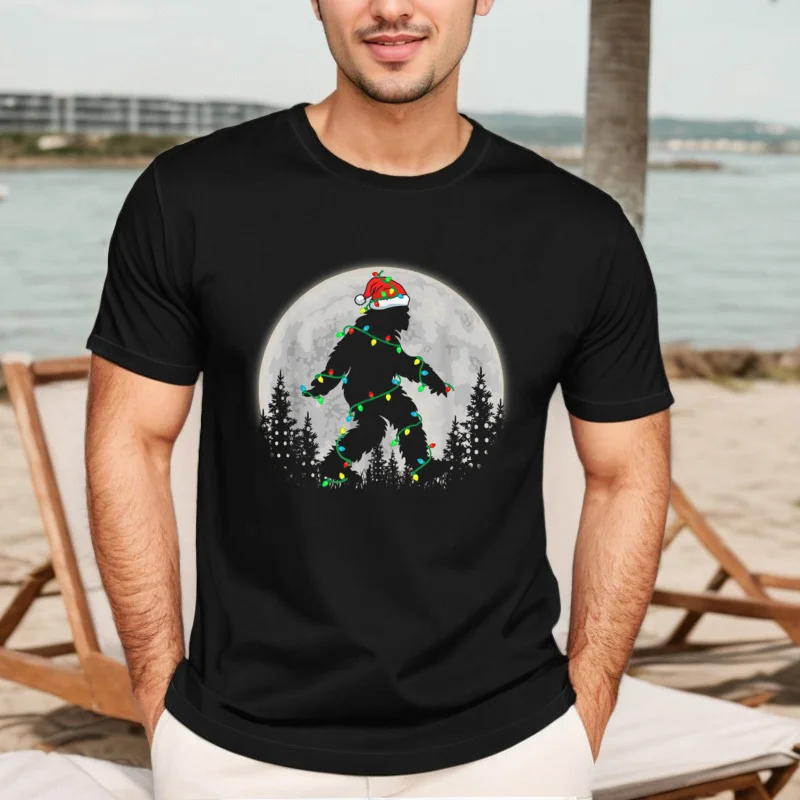 Bigfoot Santa Christmas Tree Lights Cotton Tops & Tees Boyfriend Leisure T Shirt Funny Latest Crewneck T Shirt Short Sleeve